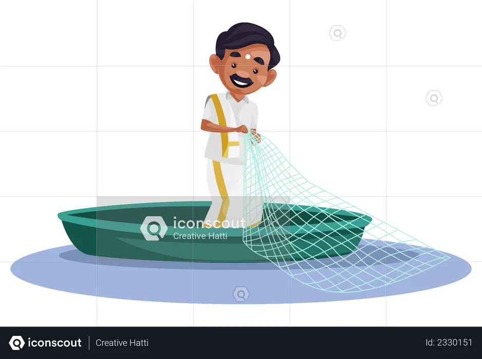 Tamil man is standing in a boat and holding a fishing net in his hands  Illustration