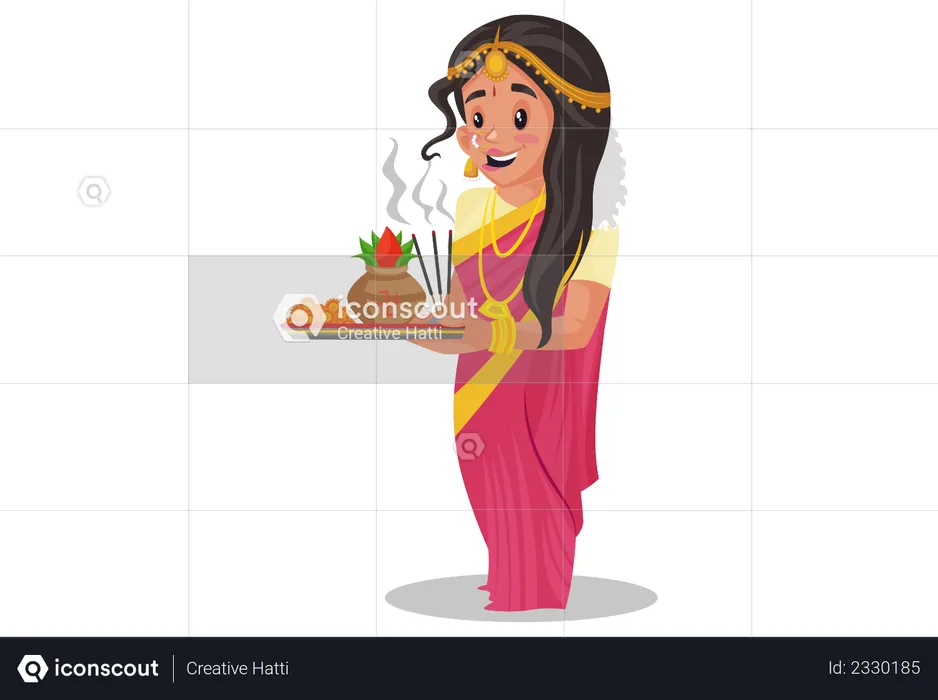 Tamil woman holding worship plate  Illustration