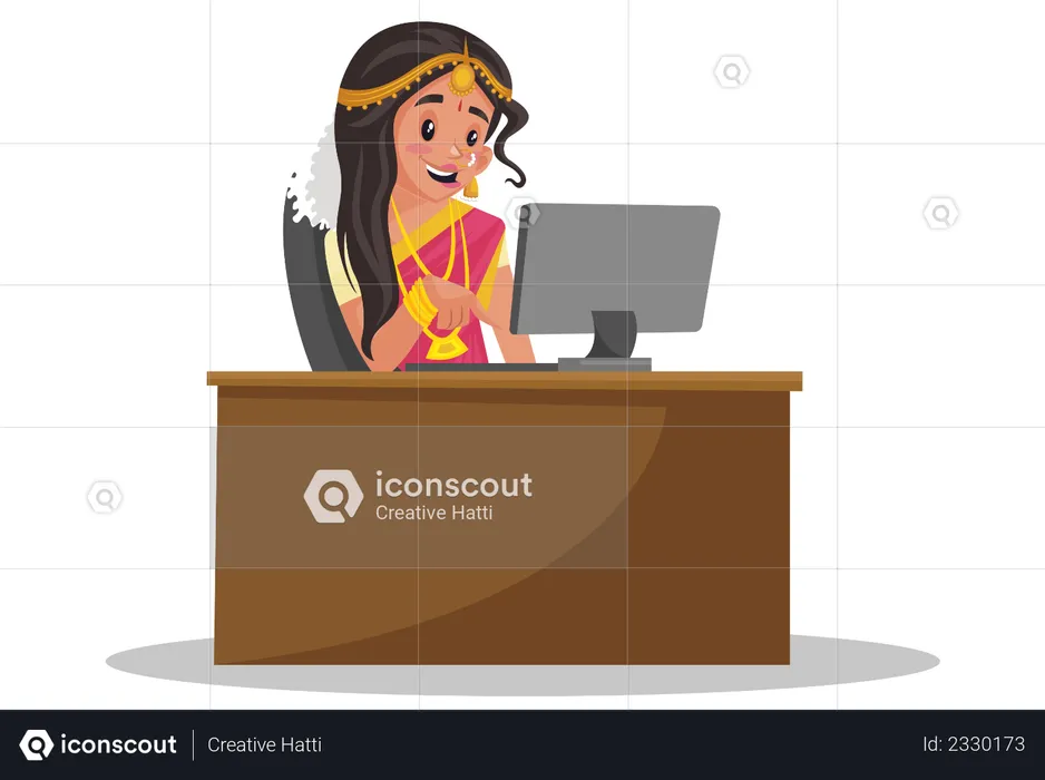 Tamil woman is working on the computer  Illustration