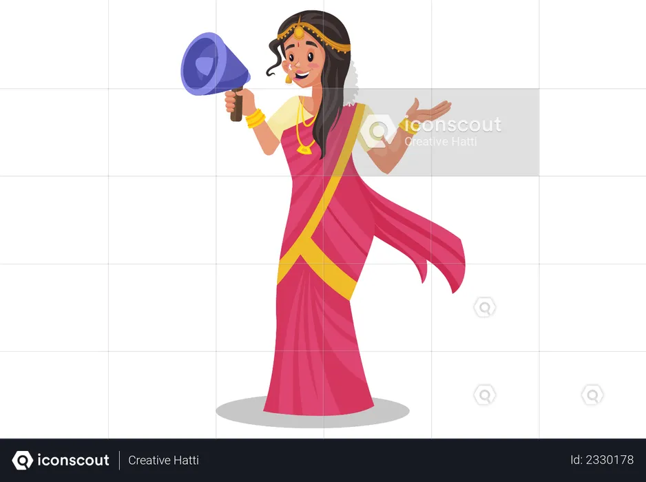 Tamil woman making announcement using megaphone  Illustration