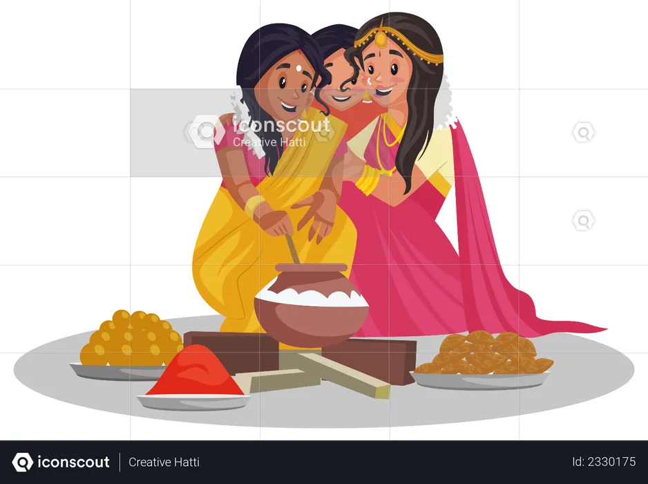 Tamil women are sitting together and cooking food  Illustration