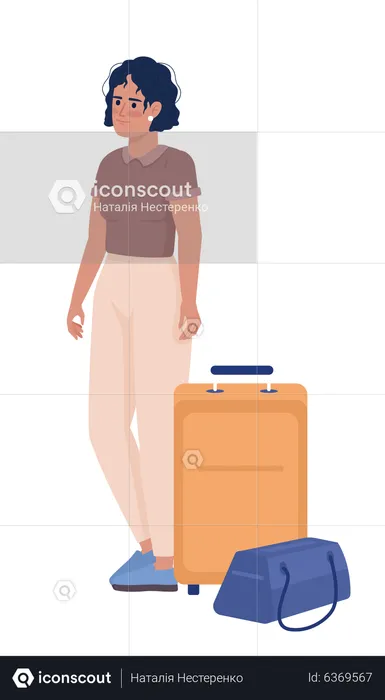 Tanned female adventurer with bag and baggage  Illustration