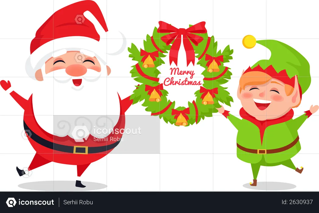 Tarjeta de felicitación con Papá Noel y Elfo, cartel web.  Ilustración