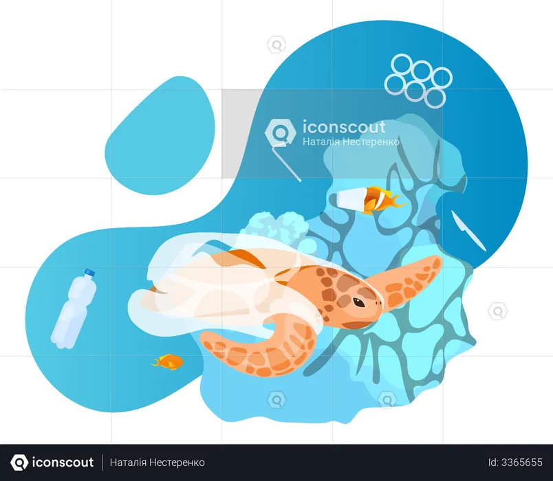 Tartaruga no oceano com resíduos plásticos  Ilustração