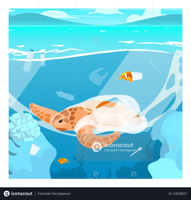 Tartaruga presa em lixo plástico  Ilustração