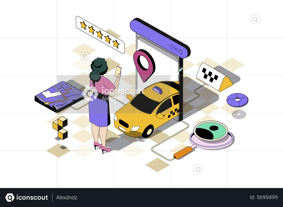 Taxi booking Woman holding smartphone with taxi application ordering car with top rating and tracking online  Illustration