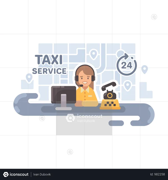 Taxi Dispatcher At Her Desk Operating Bookings  Illustration