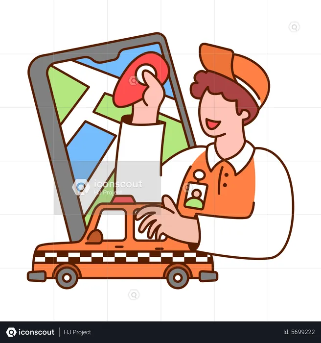 Taxi driver looking for destination location with smartphone  Illustration