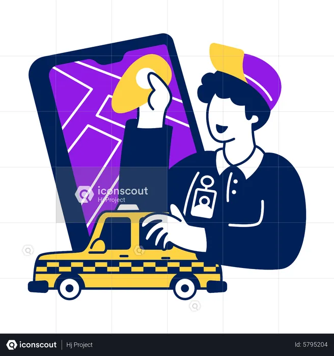 Taxi driver looking for destination location with smartphone  Illustration