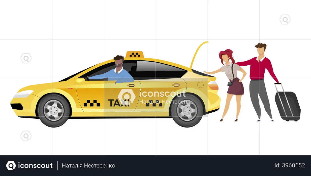 Taxi driver with clients  Illustration