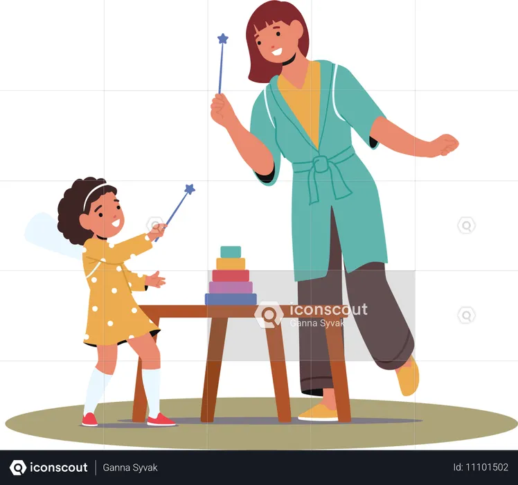 Teacher And Girl Playing With Toys In Kindergarten  Illustration