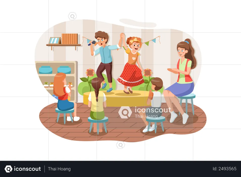 Teacher and kids playing in nursery  Illustration