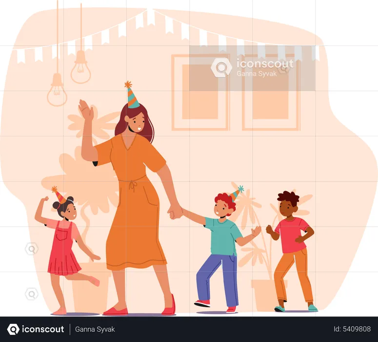 Teacher and Preschool Kids Celebrate Birthday in Kindergarten  Illustration