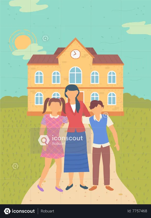 Teacher And Students In Front Of School Building  Illustration