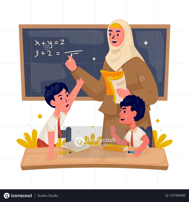 Teacher and students with math learning in class  Illustration