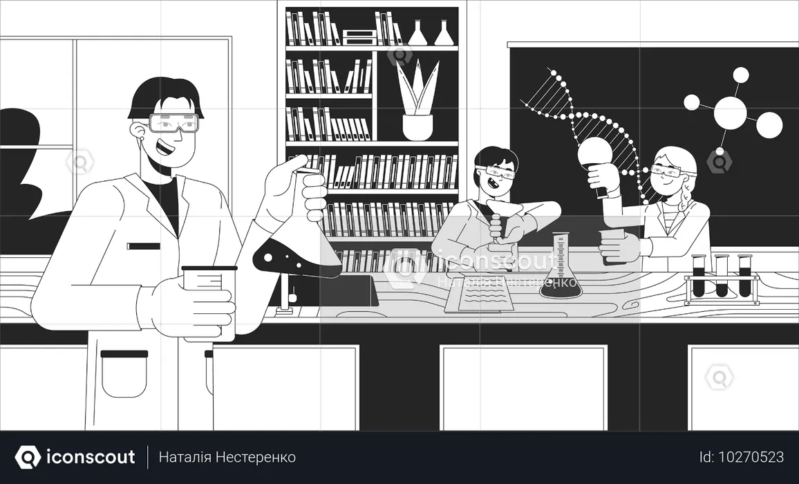 生徒と化学実験を行う教師  イラスト