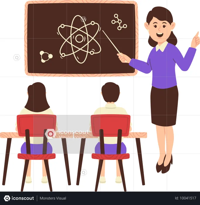 Teacher explaining atomic structure to students  Illustration