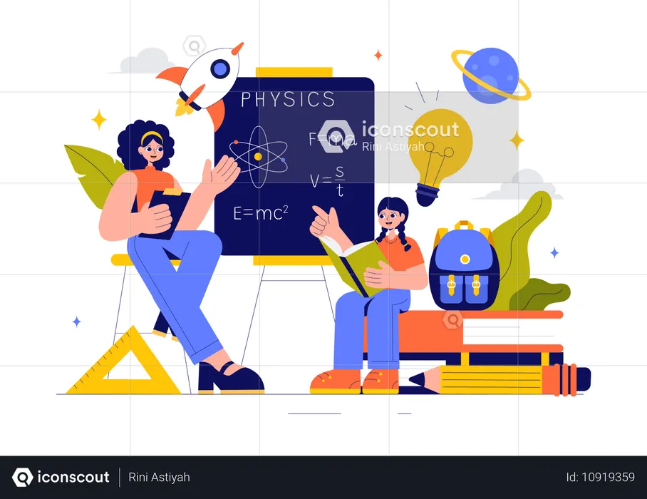 Teacher explaining physics formula to student  Illustration