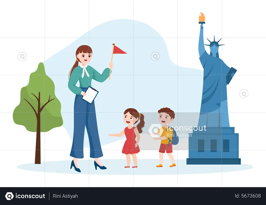 Teacher guiding students at statue of liberty  Illustration