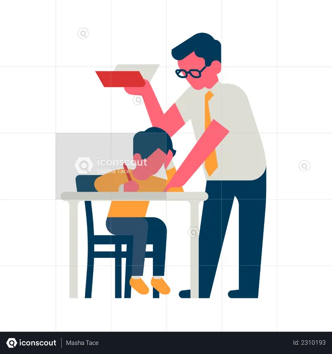 Teacher helps schoolchild with classwork showing solution whist holding a book  Illustration