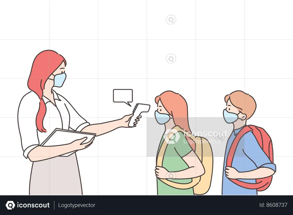 Teacher is doing eye scanning of students before entering them in class  Illustration