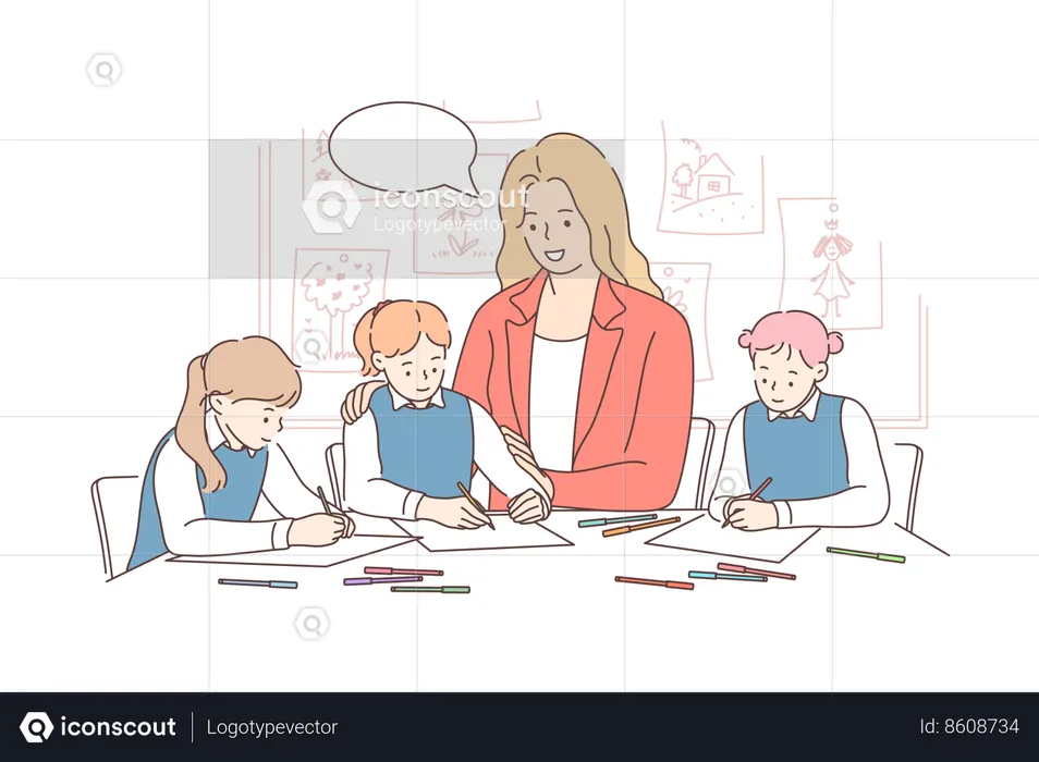 Teacher is teaching all students together  Illustration
