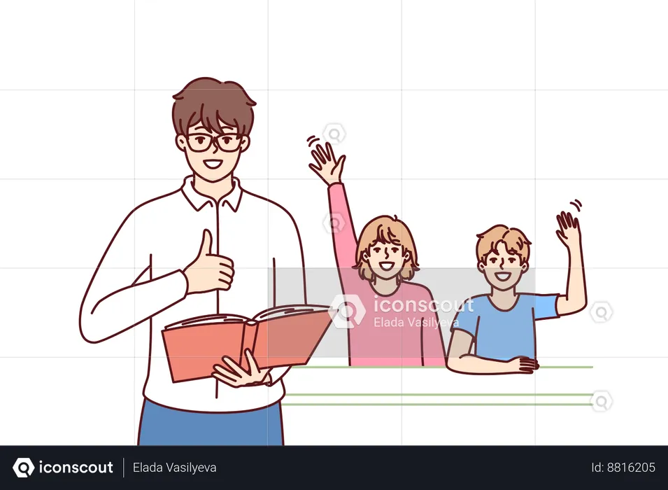Teacher is teaching students in classroom  Illustration