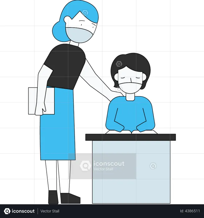 Teacher puts her hand on the back of the sick student  Illustration