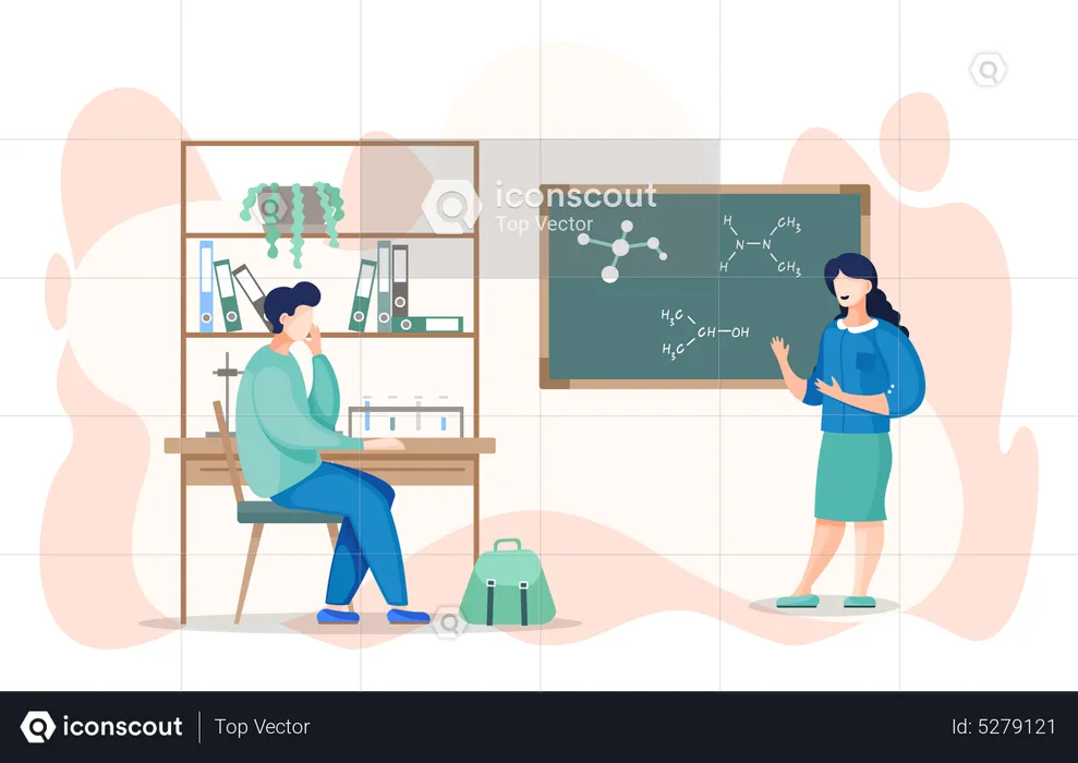 Teacher show student sitting at desk chemical bonds at board in classroom  Illustration