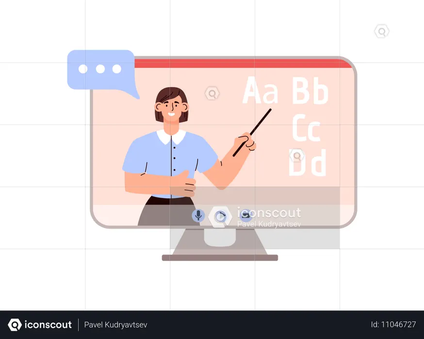 Teacher showing foreign language alphabet in computer screen  Illustration