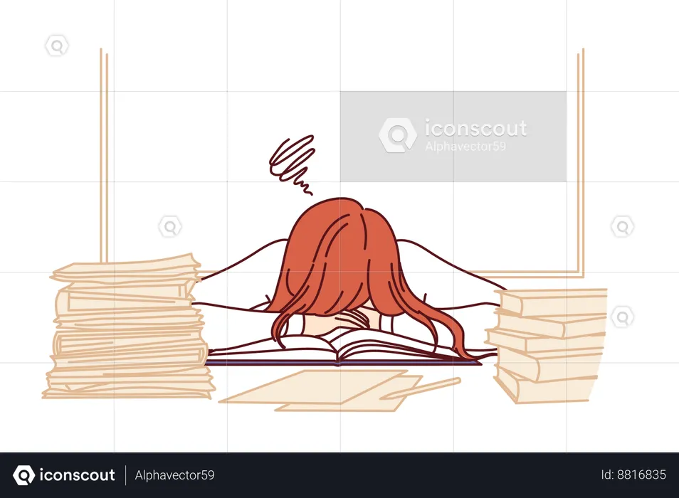 Teacher sleeps at desk among students books  Illustration