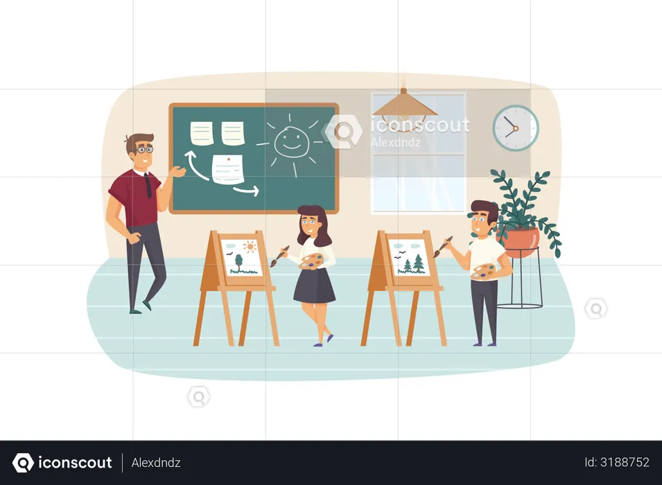 Teacher stand by chalkboard, pupils drawing on easels in classroom  Illustration