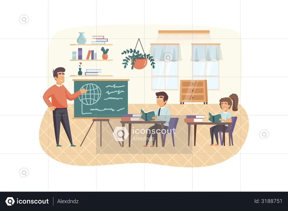 Teacher stand by chalkboard, pupils study in classroom  Illustration