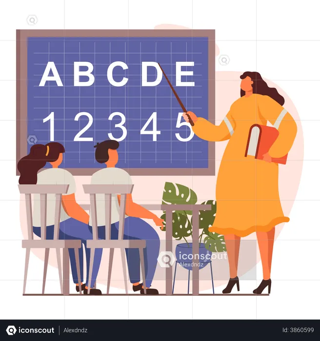 Teacher teaching alphabets and numbers to kids  Illustration