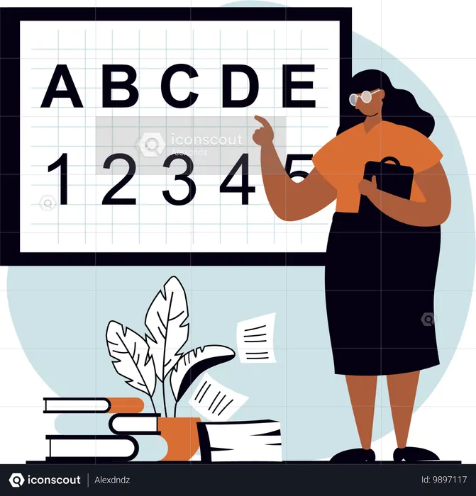 Teacher teaching alphabets and numbers to kids  Illustration