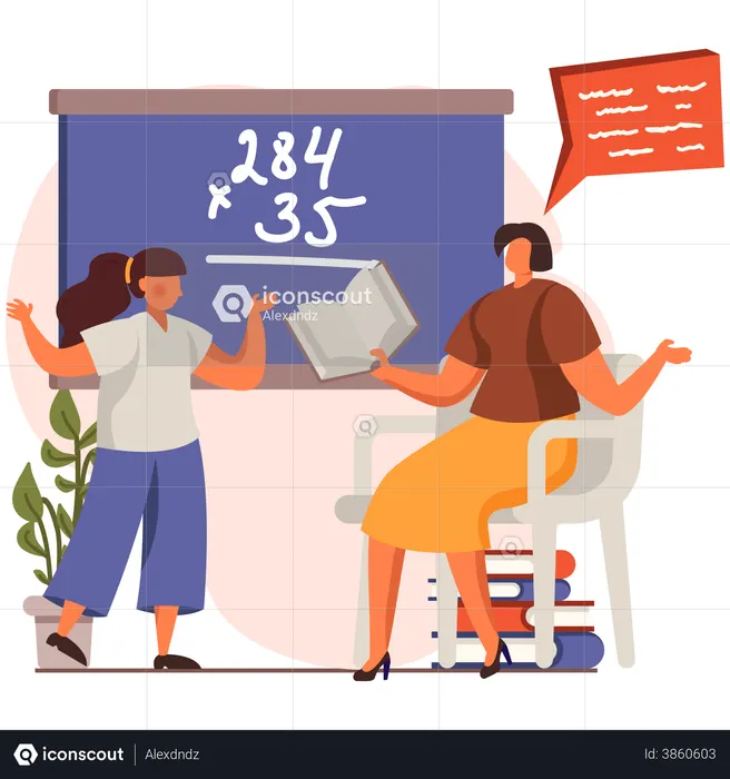 Teacher teaching Maths to girl  Illustration