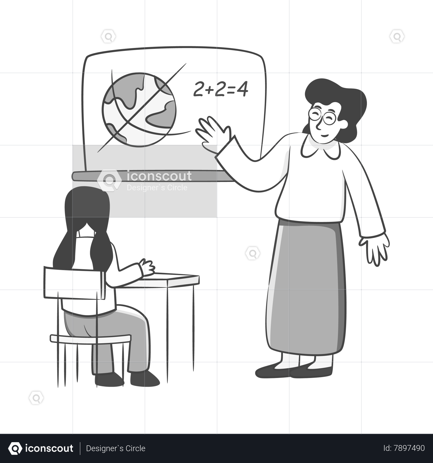 Woman teacher standing in front of blackboard teaching student in classroom  at school, college or university. Editable line sketch. Stock vector  illustration. Stock Vector | Adobe Stock