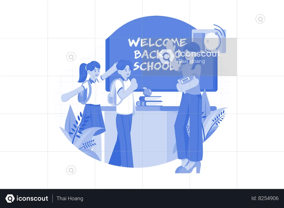 Teacher Welcomes Students Into The Class  Illustration