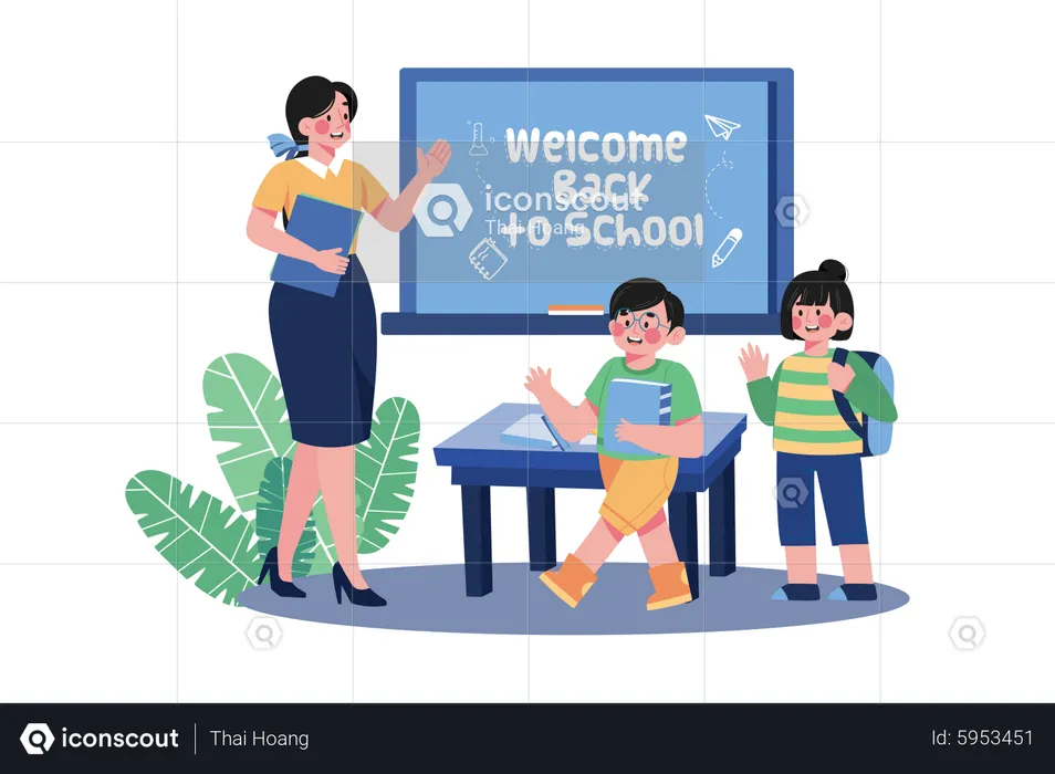 Teacher welcomes students into the class  Illustration