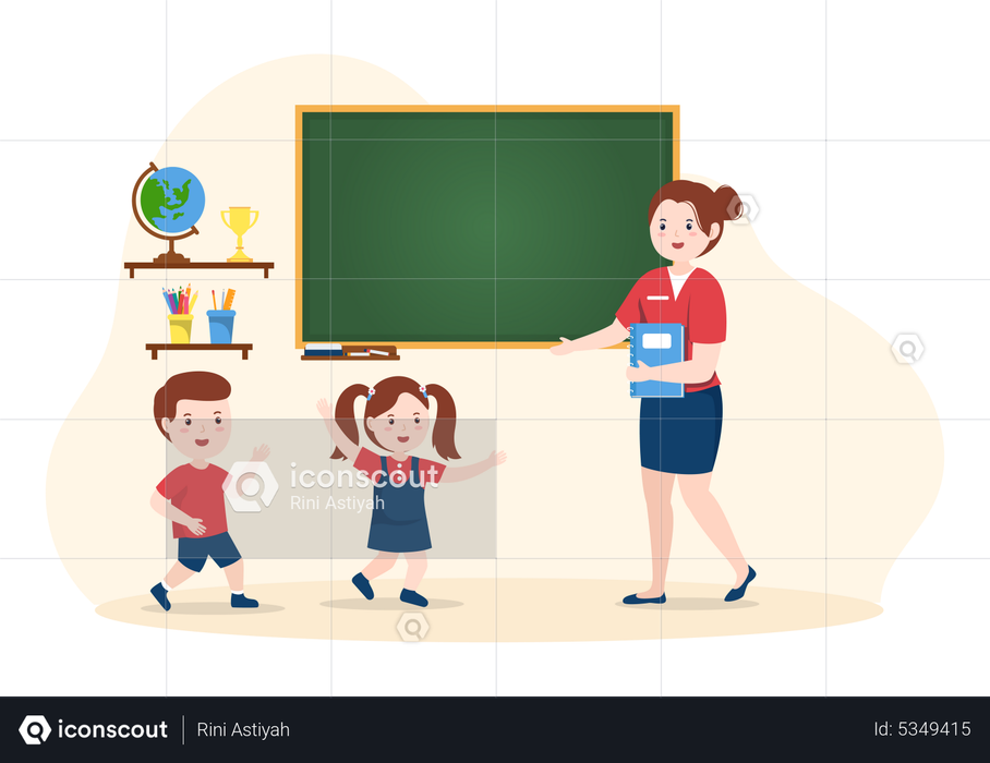 Best Premium Teacher welcoming kids in classroom Illustration download ...