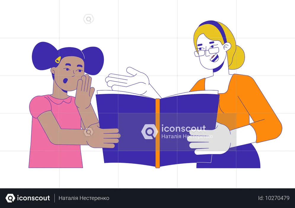 Teacher with surprised little girl reading book  Illustration