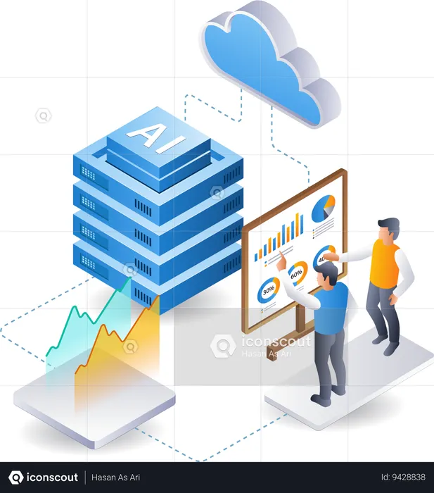 Team analyzing cloud server ai development data  Illustration