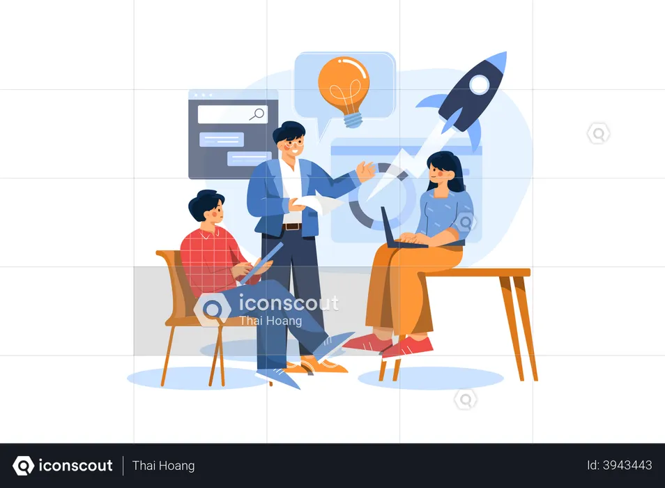 Team discussing startup marketing strategy  Illustration