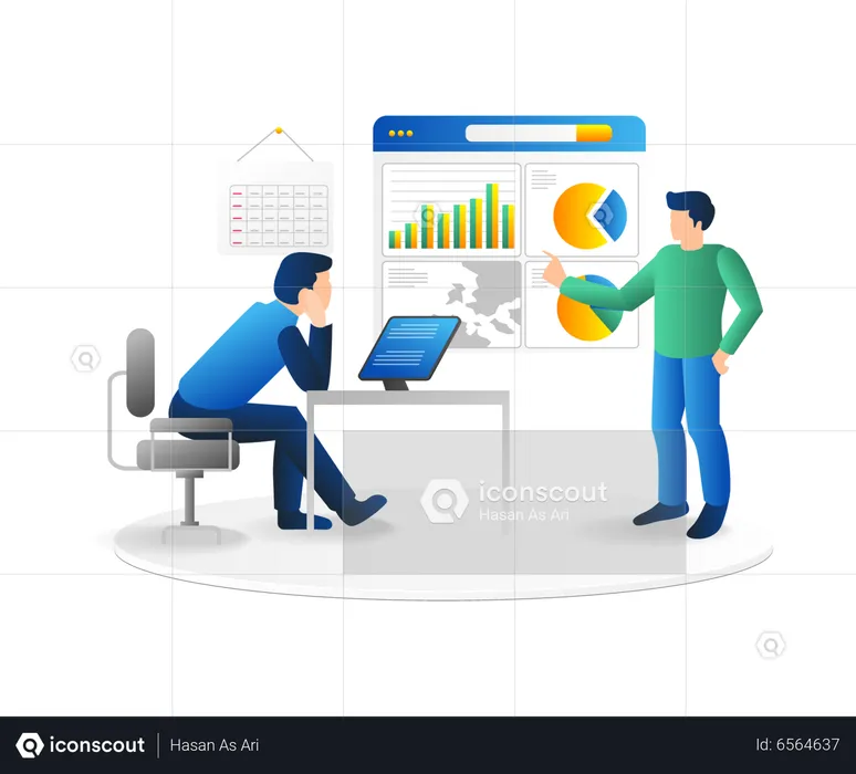 Team diskutiert über Geschäftsentwicklungsanalyse  Illustration