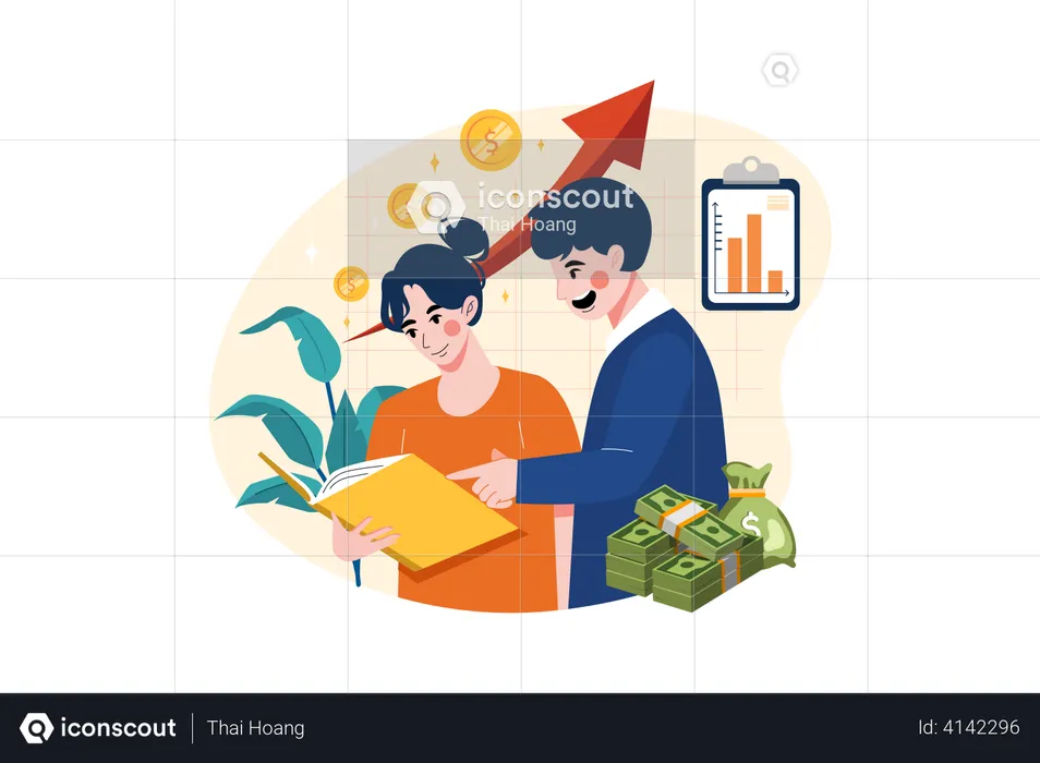 Team diskutiert Diagramm zum Finanzwachstum  Illustration