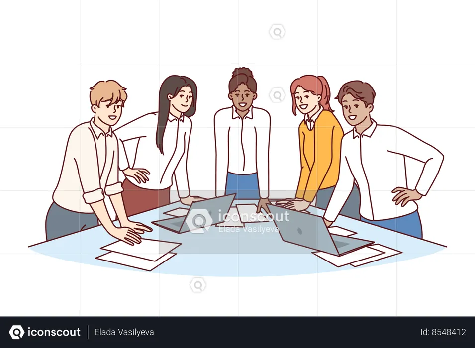 Team diverse business people stand at table with papers and laptops discussing company marketing  Illustration