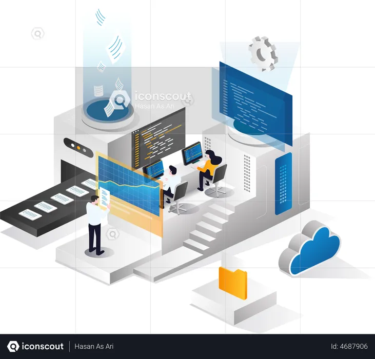 Team entwickelt Daten und analysiert Cloud-Server  Illustration