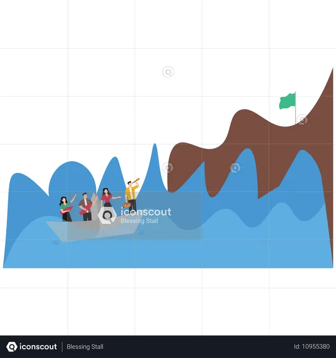 격동하는 물살 속에서 종이배를 안내하는 팀, 위기 관리를 상징  일러스트레이션