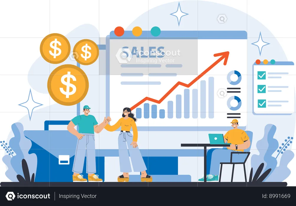 Team is viewing their growth graph  Illustration