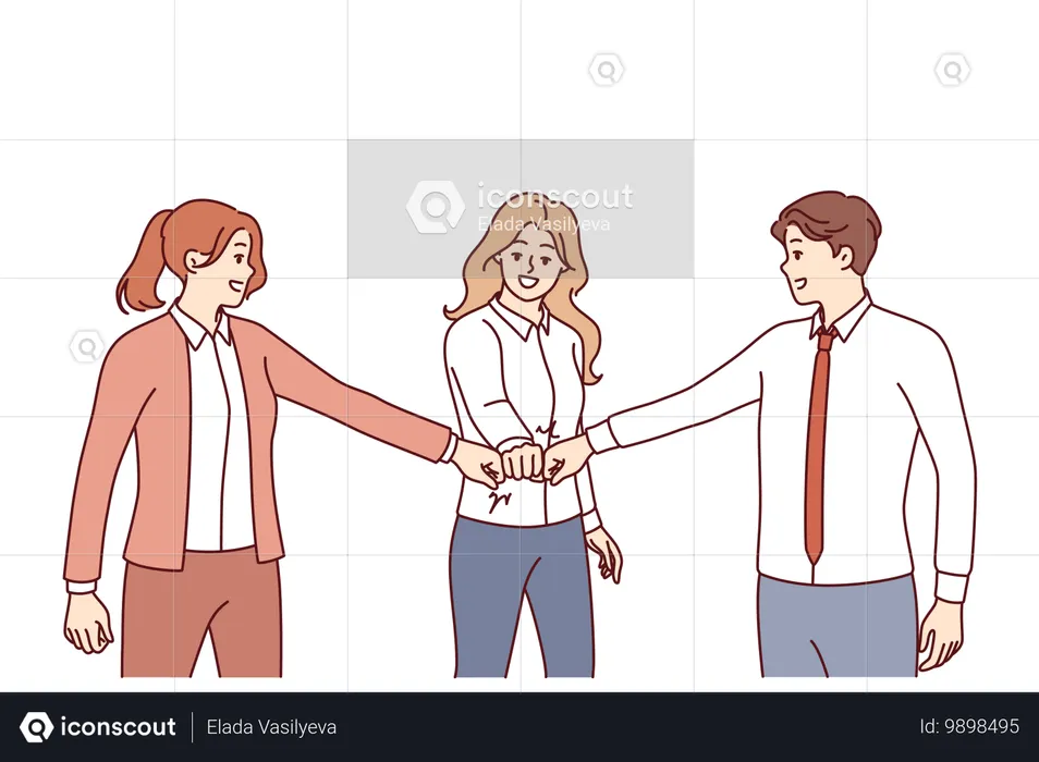 Team of business people extend arms forward touching fists and demonstrating unity  Illustration